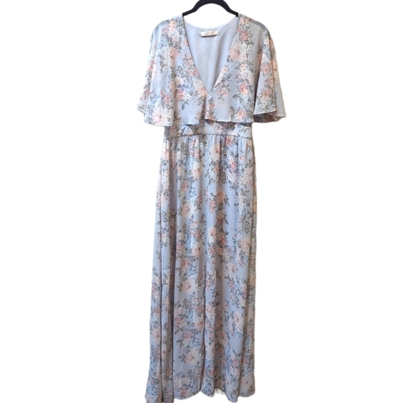 WAYF Love Note Floral Flutter Sleeve Pale Blue Chiffon Caped Maxi Dress (M) - Picture 1 of 6